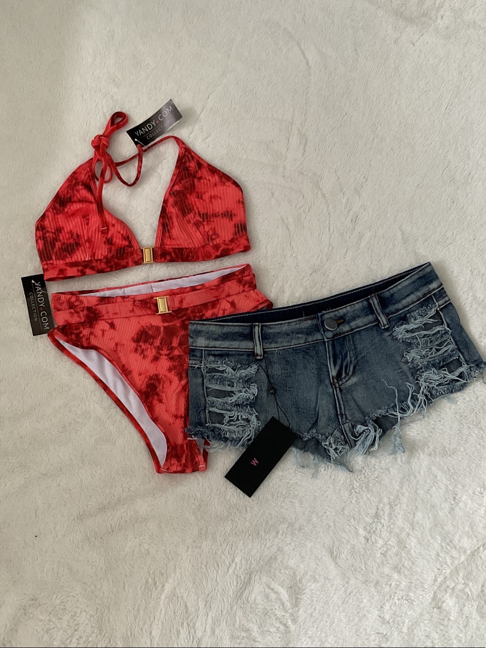 Bundle orange Tie-Dye Bikini Set with Gold Accents/ denim shorts size S NWT